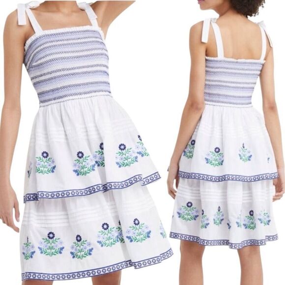 Draper James White & Blue Tiered Floral Embroidered Smocked  Top Knee Length Dre - Picture 9 of 9